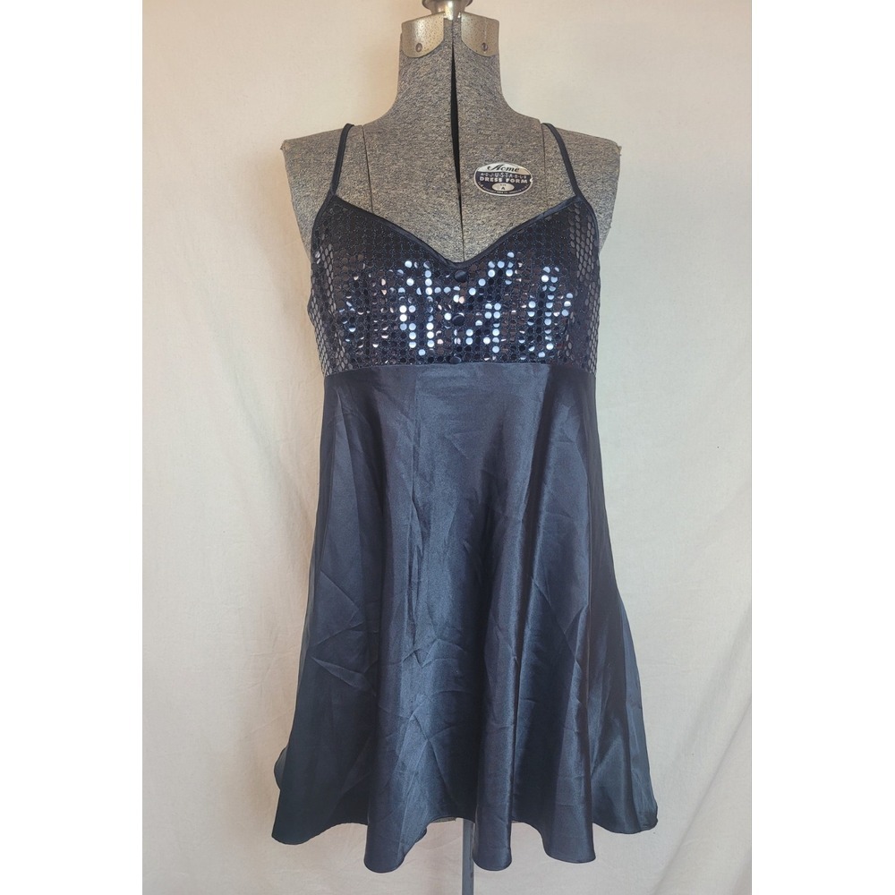 Vintage 80s 90s Y2K  Black Mini Dress Slip Sequin Shiny‎ Top Satin Size M